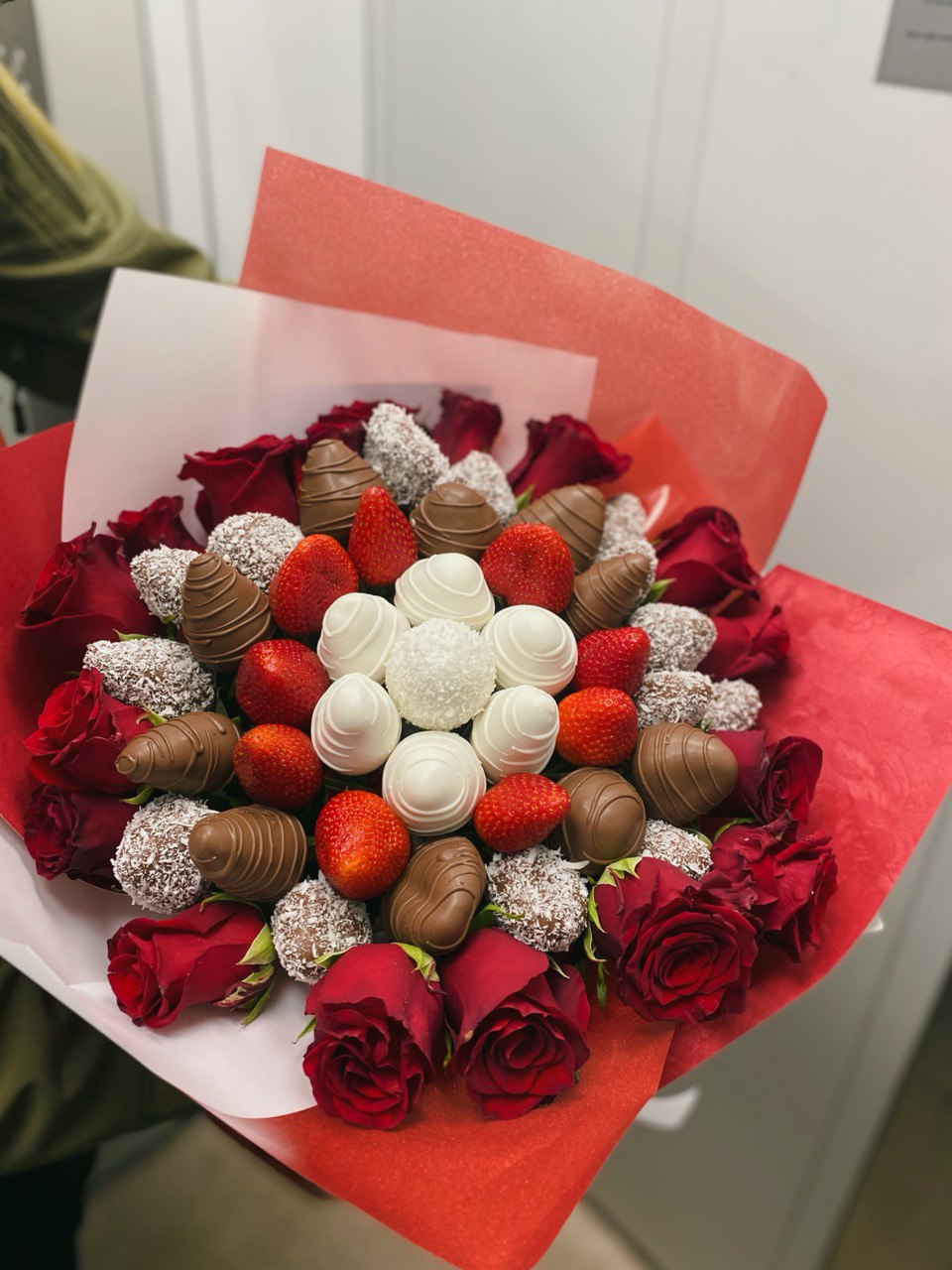 Bouquet with strawberries and roses