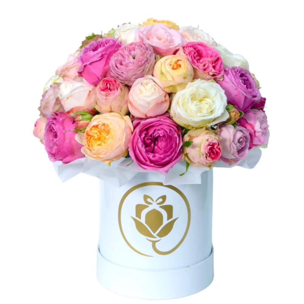 Flowers in a Box "Vesna" with multicolor Peony Roses