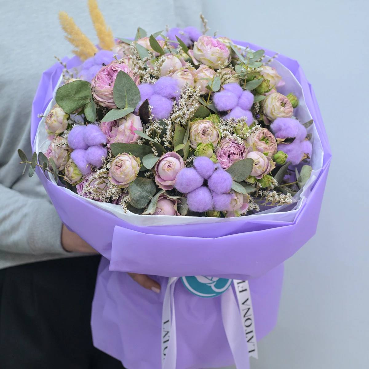 Bouquet "Big Violet Dream" with peony roses and cotton