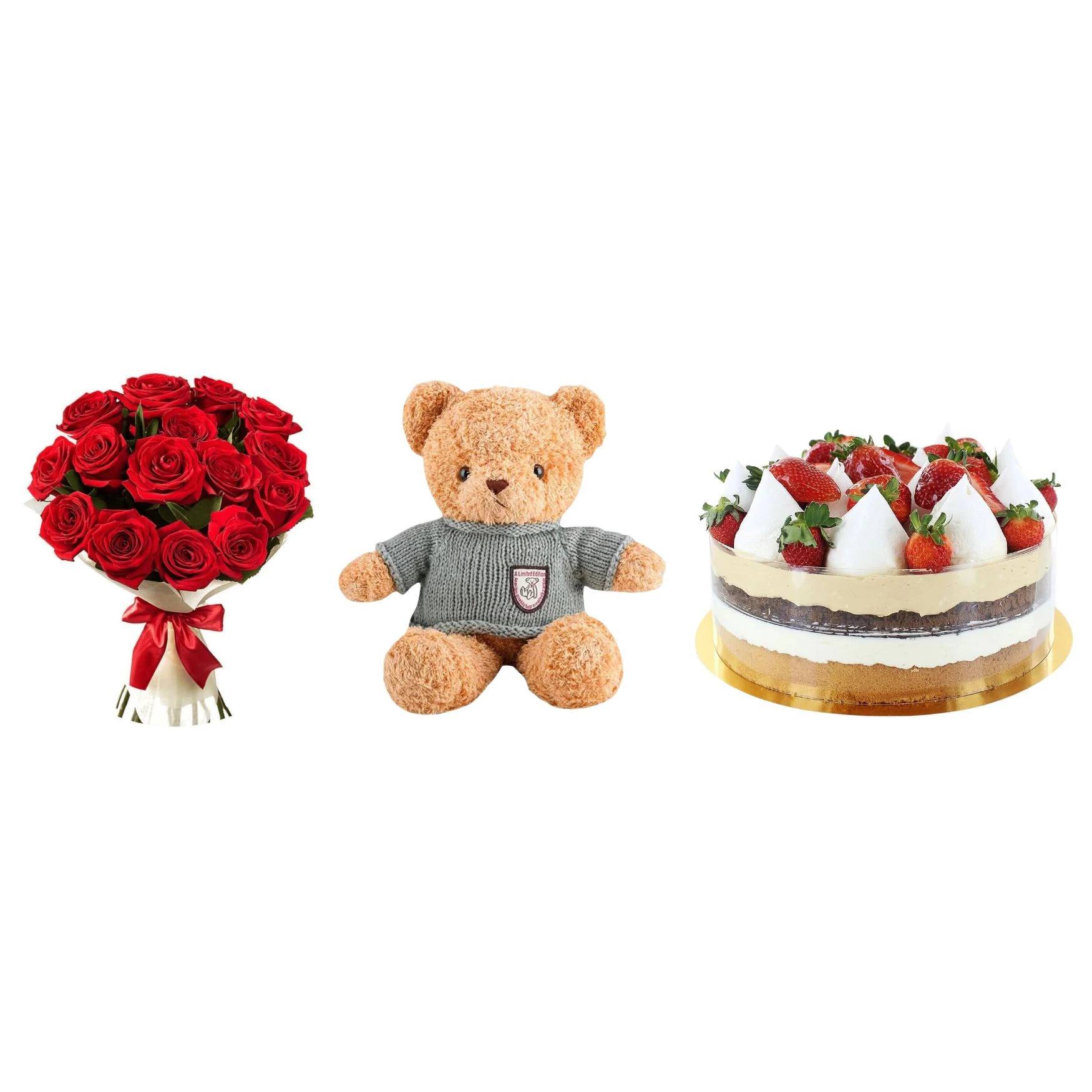 Подарочный набор ROMANTIC COMBO с букетом красных роз, тортом и мишкой