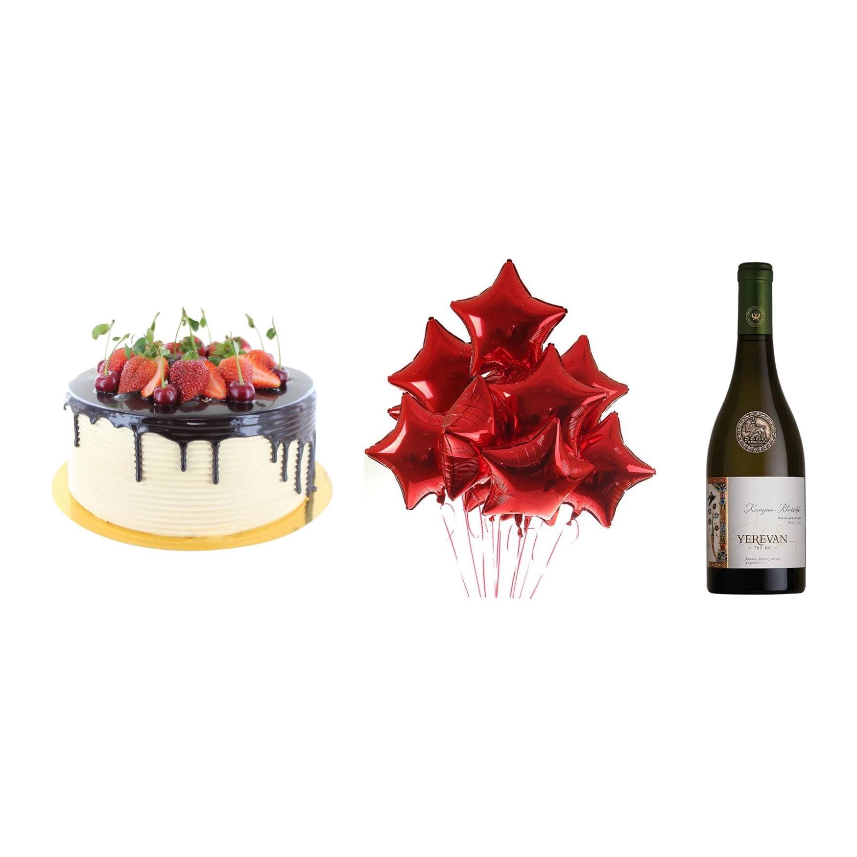 Подарочный набор BIRTHDAY STAR с воздушными шарами в виде красной звезды, вином и тортом