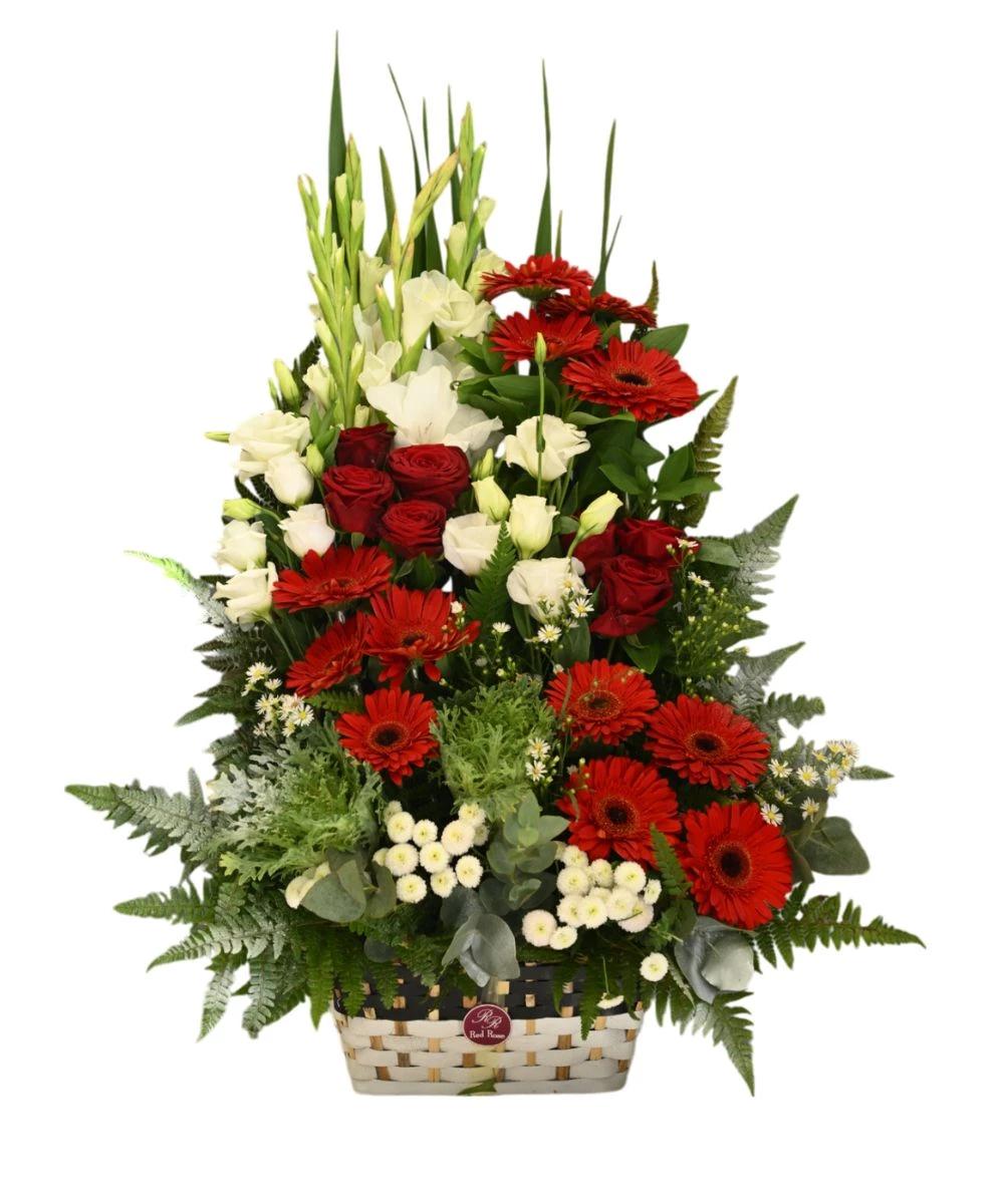 Peace flower basket with red gerberas
