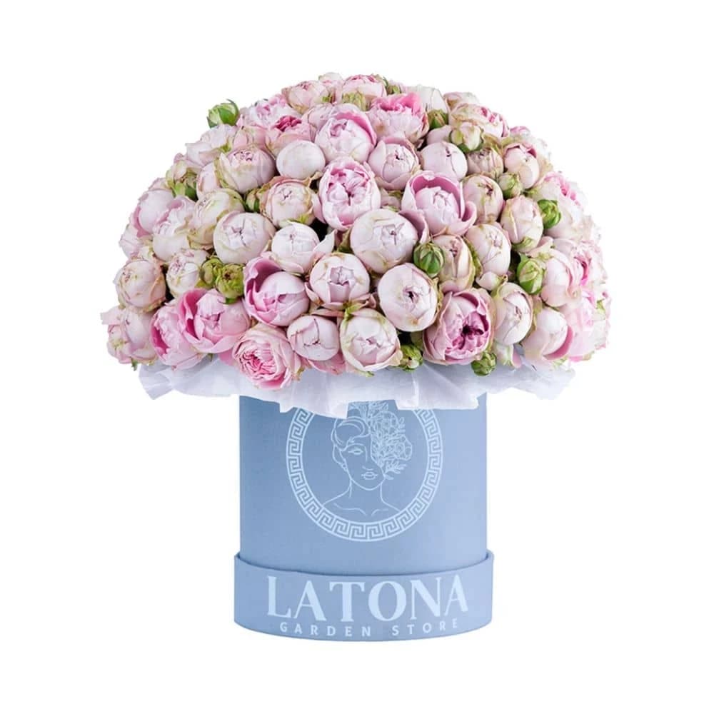 Цветы в шляпной коробке "Latona" с сиреневыми  пионовидными розами