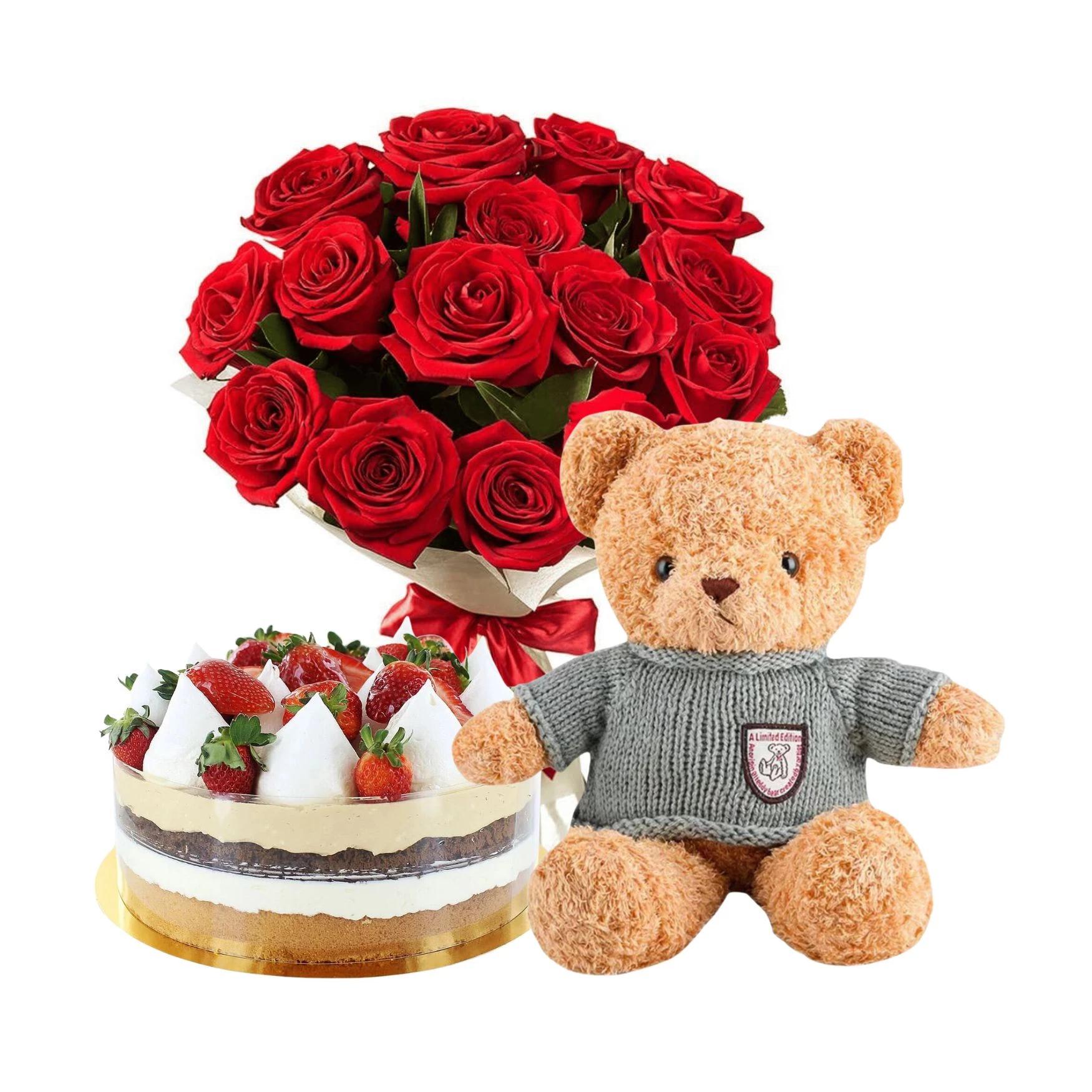 ROMANTIC COMBO նվեր հավաքածու կարմիր վարդերի փնջով, տորթով և արջիկով