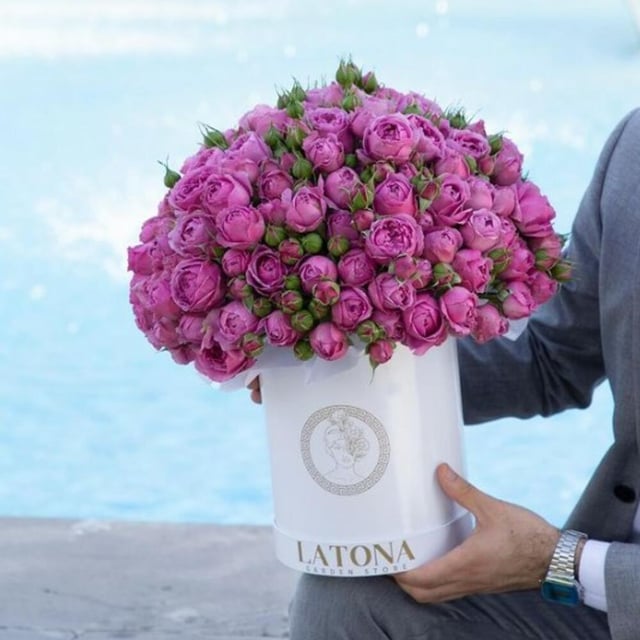 Flowers in a Medium Box "Selene" with pink Peony RosesFlowers in a Medium Box "Selene" with pink Peony Roses