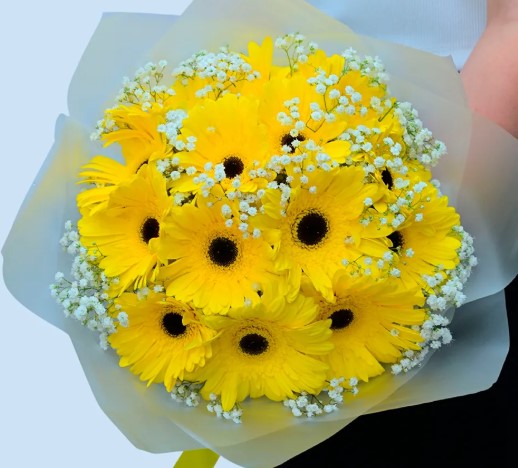 Bouquet "Vanda" with baby breaths and yellow herberas