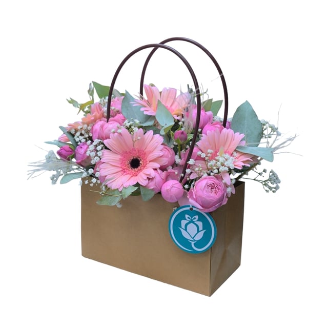 Rosy Picnic — Pink Gerbera & Peony Rose Bouquet in Craft Bag