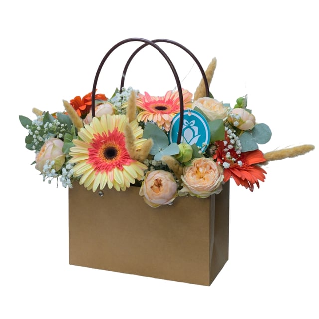 Crème Brûlée — Cream Gerbera & Peony Rose Bouquet in Craft Bag