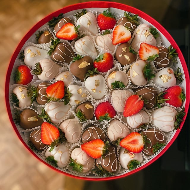 Large round box with strawberries