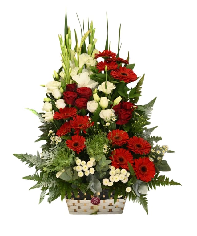 Peace flower basket with red gerberas