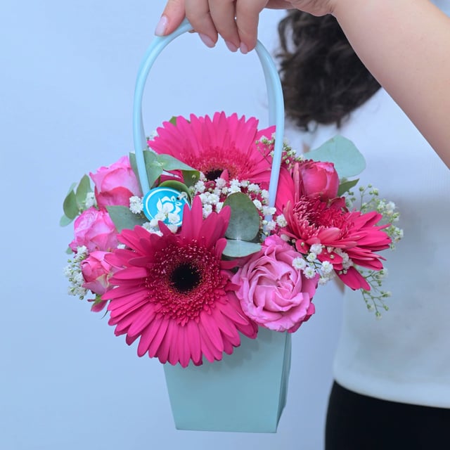 Berry Charm — Mini Bag with Deep Pink Gerberas & Peony Roses