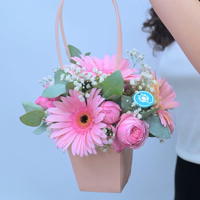 Pink Pocket — Small Bag with Pink Gerberas & Peony Roses