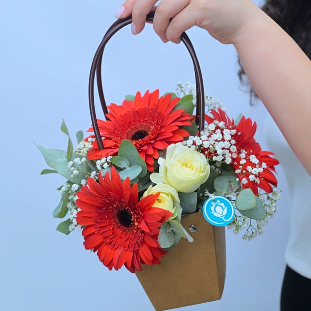 Sunlight Whisper — Mini Bag with Orange Gerberas & White Spray Roses
