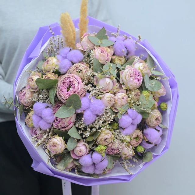 Bouquet "Big Violet Dream" with peony roses and cotton